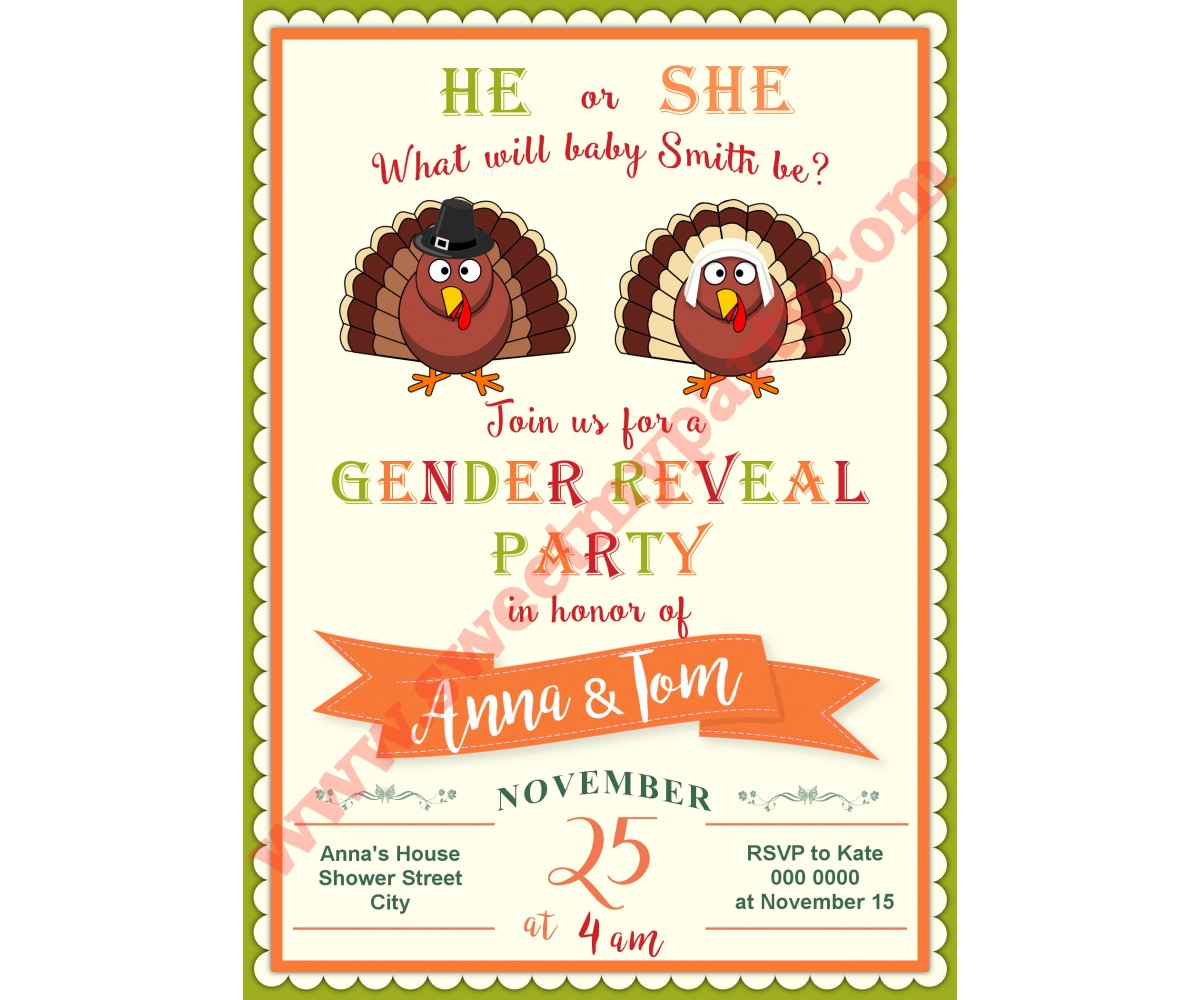 Turkey Gender Reveal Baby Shower Invitation,(002)